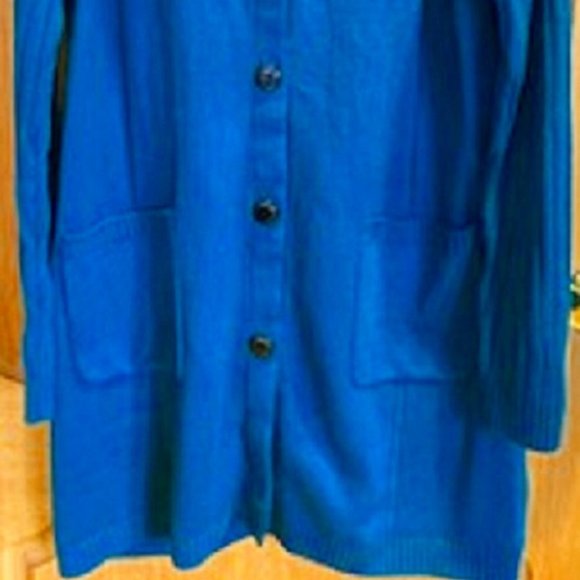 Dennis Basso Long Green Knit Cardigan Sweater Faux Fur Removable Collar Sz: L - Picture 2 of 8